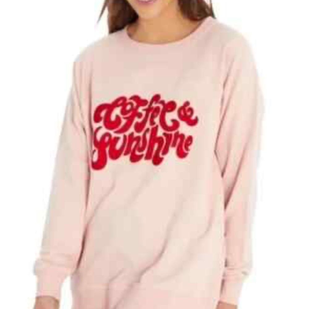 Wildfox “Coffee &‎ Sunshine” Crewneck Sweatshirt Pink/Red Velour L Cozy Winter